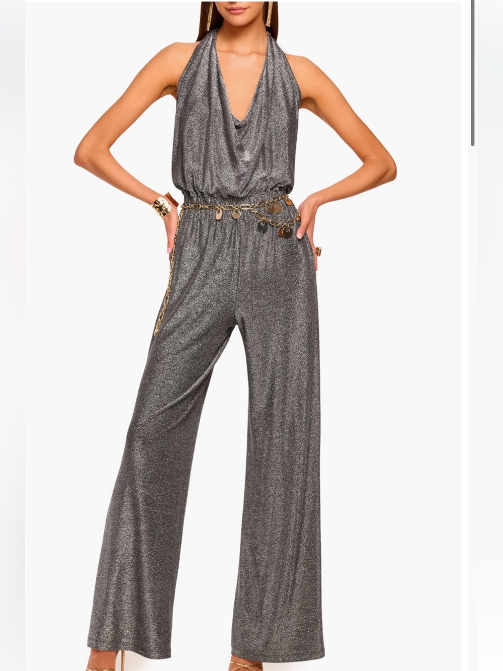 Ramy Brook NWT silver metallic ginger halter wide leg jumpsuit size XXL